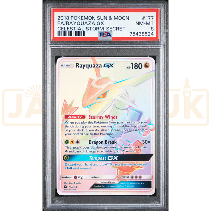 Pokemon Rayquaza GX Holo Celestial Storm 177/168 English Graded Card PSA 8 #75438524