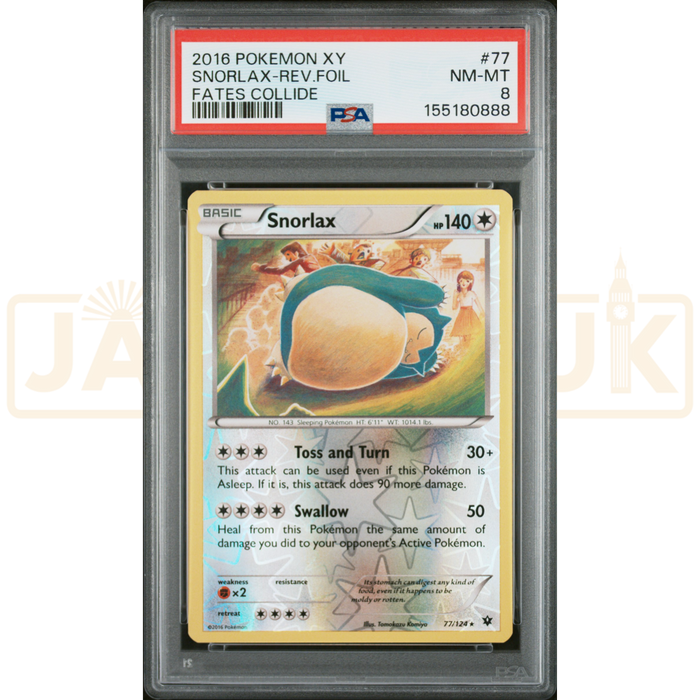 Pokemon Snorlax Reverse Holo Fates Collide 77/124 English Graded Card PSA 8 #155180888