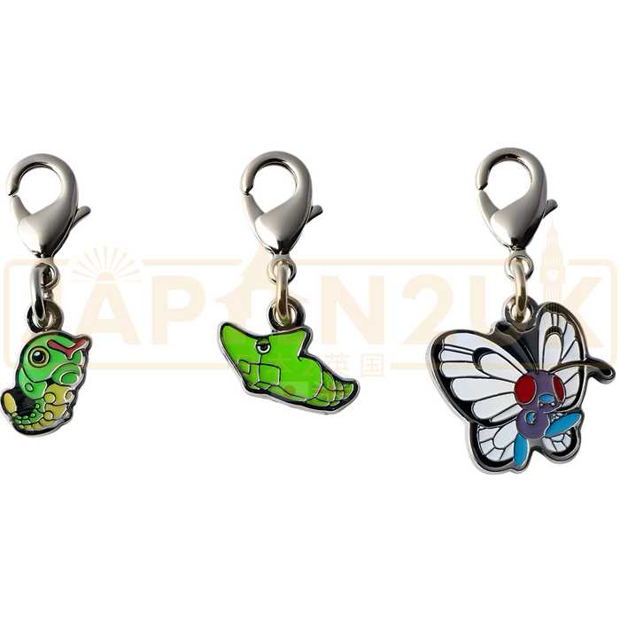 Pokemon Center Japan - 0010 / 0011 / 0012 Caterpie, Metapod & Butterfree Metal Charm/Keychain