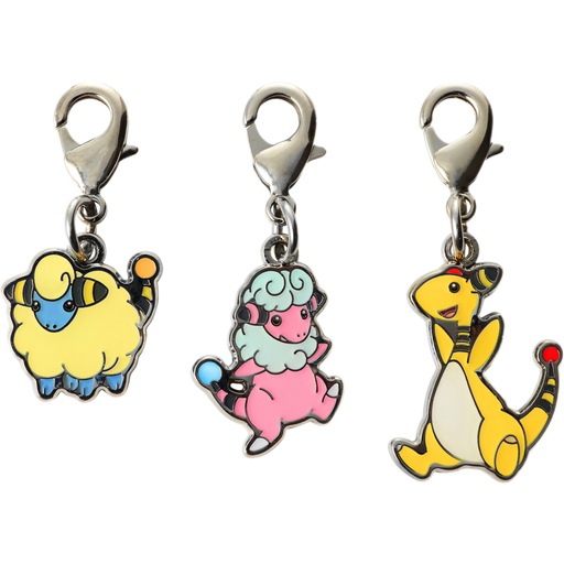 Pokemon Center Japan - 0179 / 0180 / 0181 Mareep, Flaaffy & Ampharos Metal Charm/Keychain