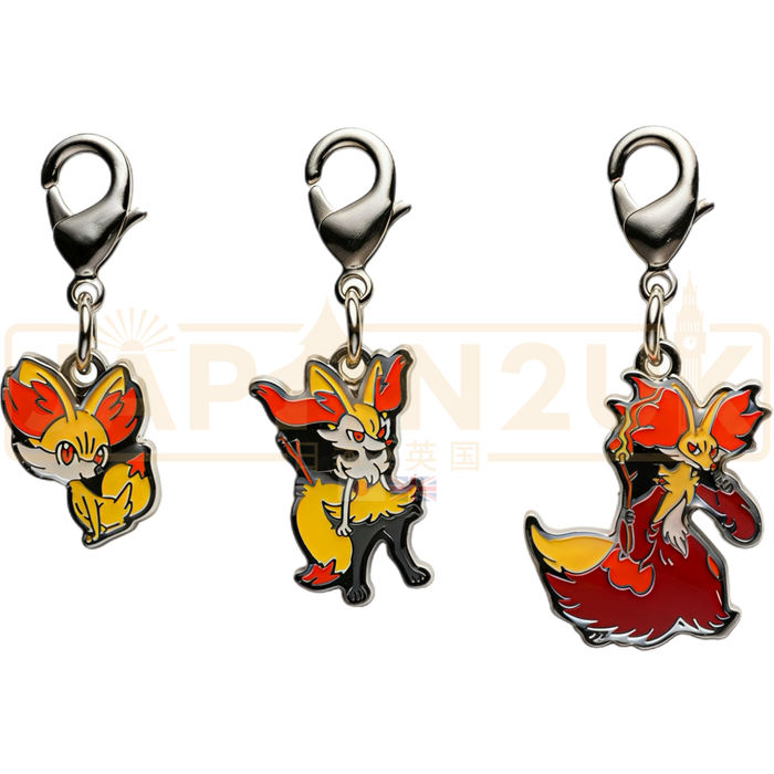 Pokemon Center Japan - 0653 / 0654 / 0655 Fennekin, Braixen & Delphox Metal Charm/Keychain
