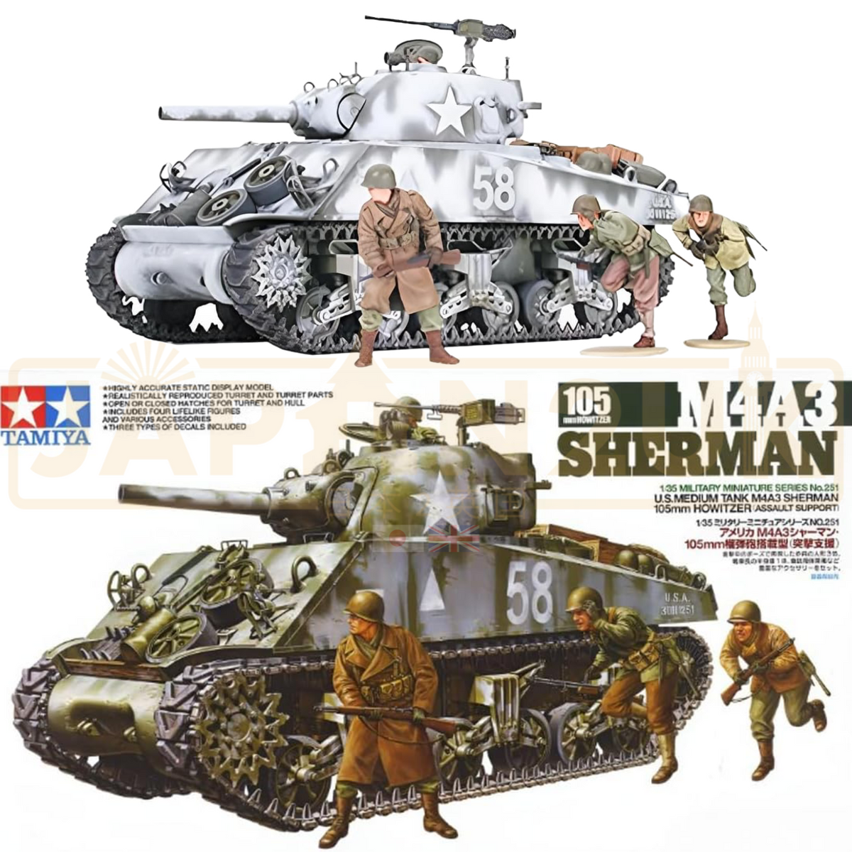 Tamiya 35251 - 1/35 Sherman M4A3 105mm Howitzer - Maquette Char US - Neuf