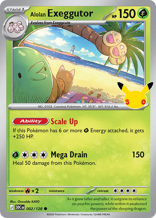 Pokemon Alolan Exeggutor Holo 30th Celebration 30C 002/128 English Single Card