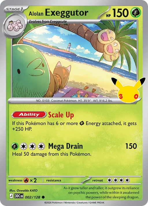 Pokemon Alolan Exeggutor Holo 30th Celebration 30C 002/128 English Single Card