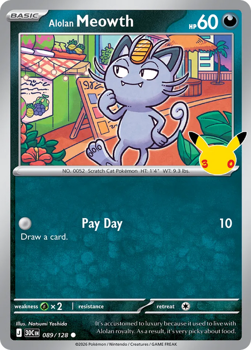 Pokemon Alolan Meowth Holo 30th Celebration 30C 089/128 English Single Card