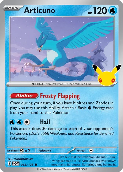 Pokemon Articuno Holo 30th Celebration 30C 018/128 English Single Card