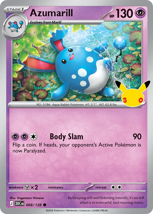Pokemon Azumarill Holo 30th Celebration 30C 068/128 English Single Card