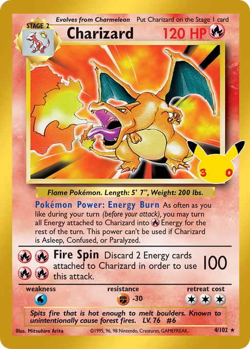 Pokemon Charizard Classic Holo 30th Celebration 30C 004/102 English Single Card