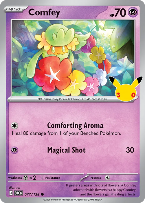 Pokemon Comfey Holo 30th Celebration 30C 077/128 English Single Card