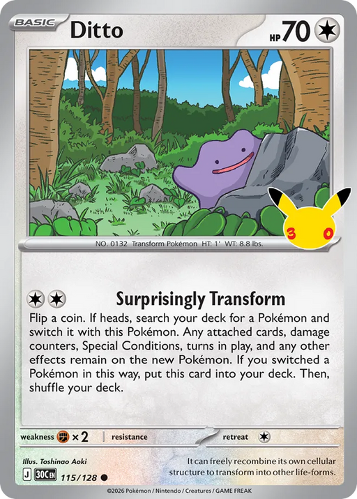 Pokemon Ditto Holo 30th Celebration 30C 115/128 English Single Card