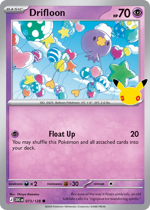 Pokemon Drifloon Holo 30th Celebration 30C 073/128 English Single Card