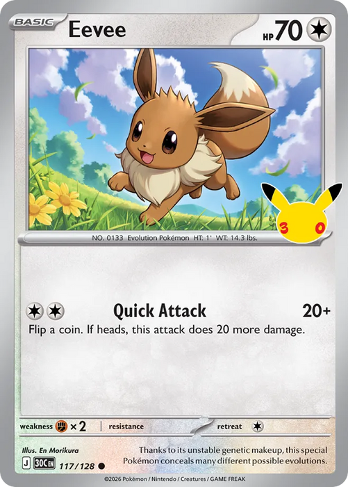 Pokemon Eevee Holo 30th Celebration 30C 117/128 English Single Card