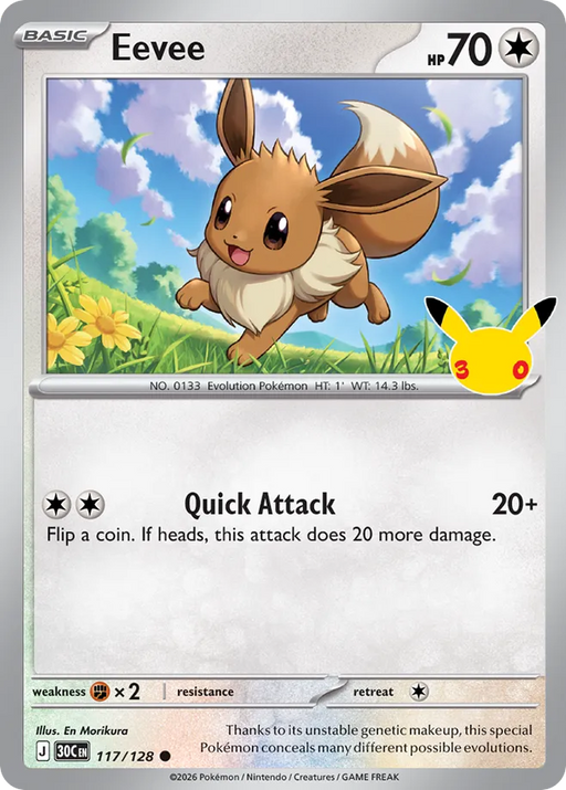 Pokemon Eevee Holo 30th Celebration 30C 117/128 English Single Card