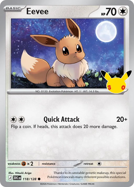 Pokemon Eevee Holo 30th Celebration 30C 118/128 English Single Card