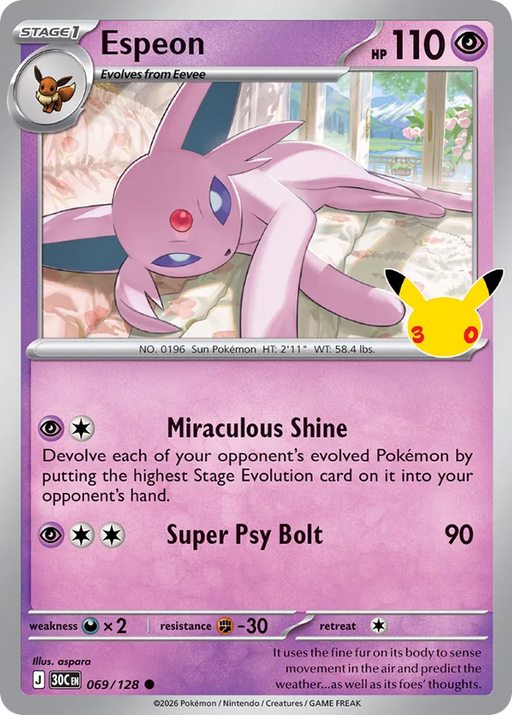 Pokemon Espeon Holo 30th Celebration 30C 069/128 English Single Card