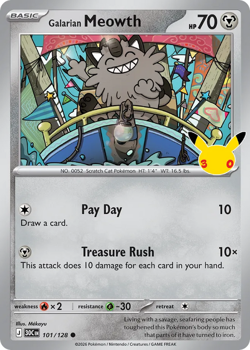 Pokemon Galarian Meowth Holo 30th Celebration 30C 101/128 English Single Card