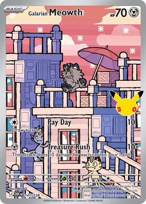 Pokemon Galarian Meowth IR 30th Celebration 30C 141/128 English Single Card