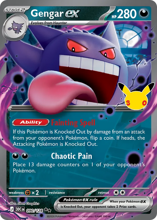 Pokemon Gengar ex Holo 30th Celebration 30C 090/128 English Single Card