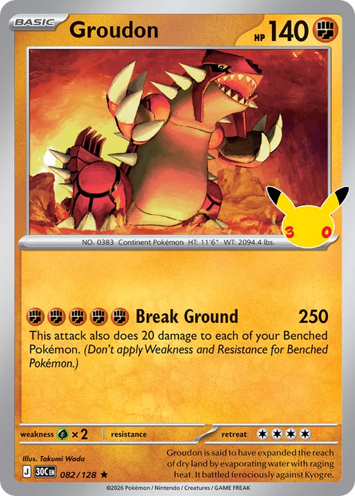 Pokemon Groudon Holo 30th Celebration 30C 082/128 English Single Card
