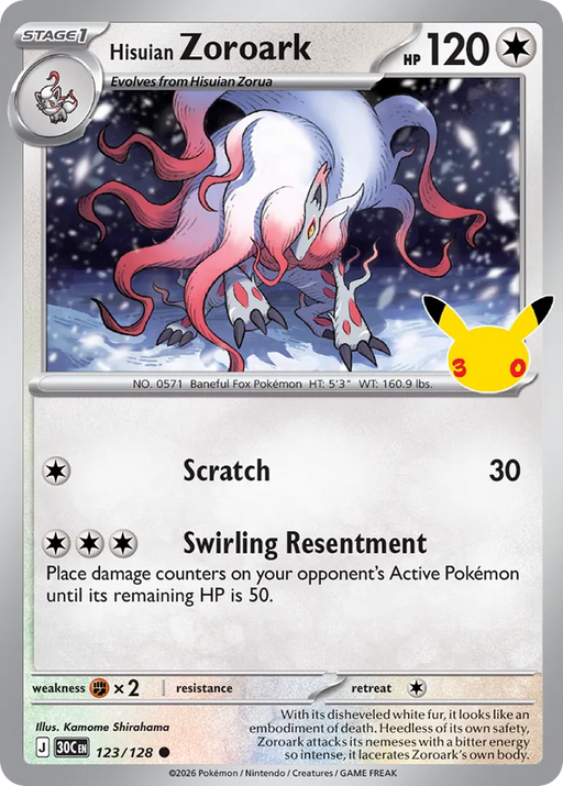 Pokemon Hisuian Zoroark Holo 30th Celebration 30C 123/128 English Single Card