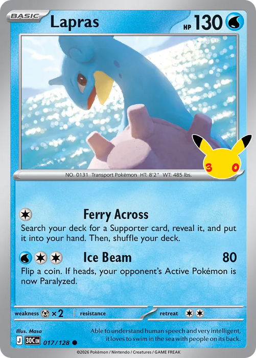Pokemon Lapras Holo 30th Celebration 30C 017/128 English Single Card