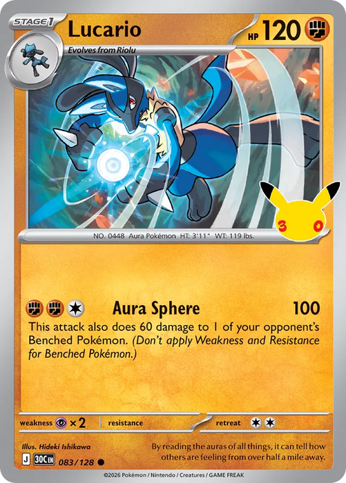 Pokemon Lucario Holo 30th Celebration 30C 083/128 English Single Card