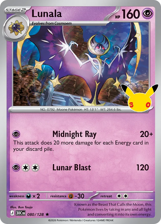 Pokemon Lunala Holo 30th Celebration 30C 080/128 English Single Card