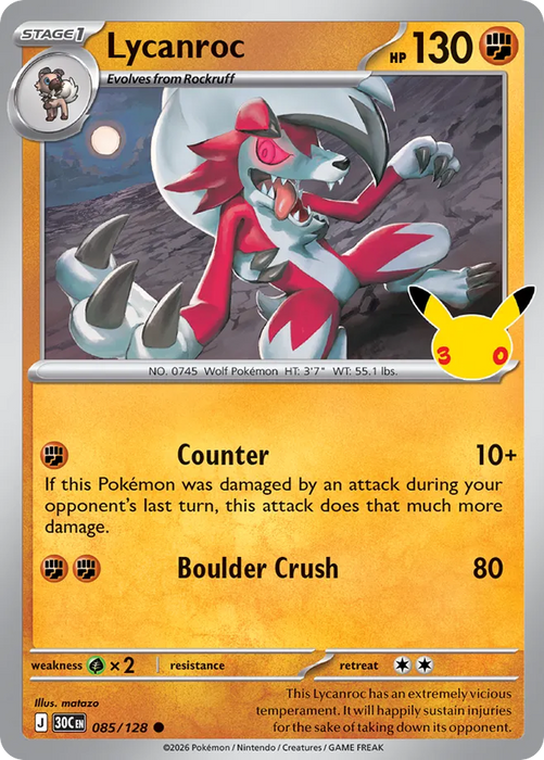 Pokemon Lycanroc Holo 30th Celebration 30C 085/128 English Single Card