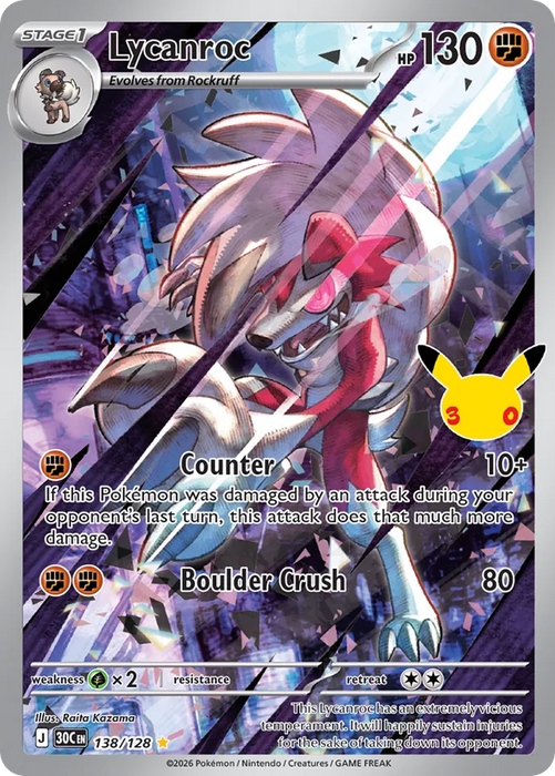 Pokemon Lycanroc IR 30th Celebration 30C 138/128 English Single Card