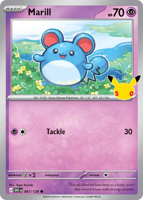 Pokemon Marill Holo 30th Celebration 30C 067/128 English Single Card