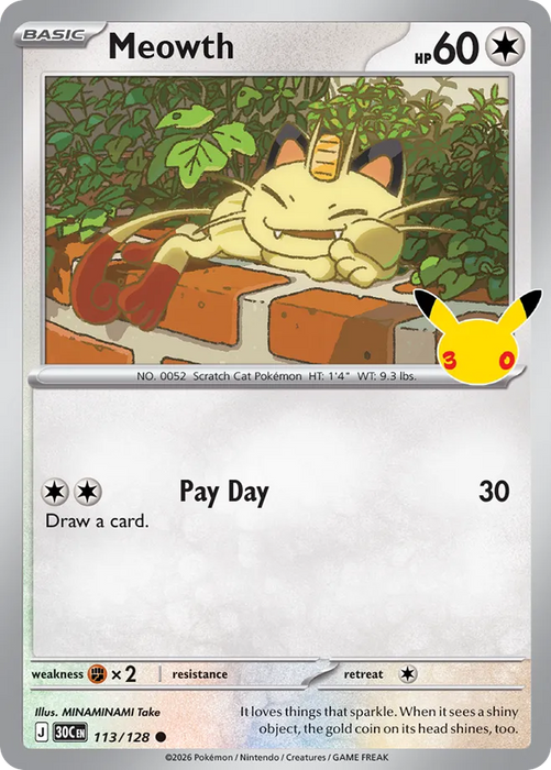 Pokemon Meowth Holo 30th Celebration 30C 113/128 English Single Card