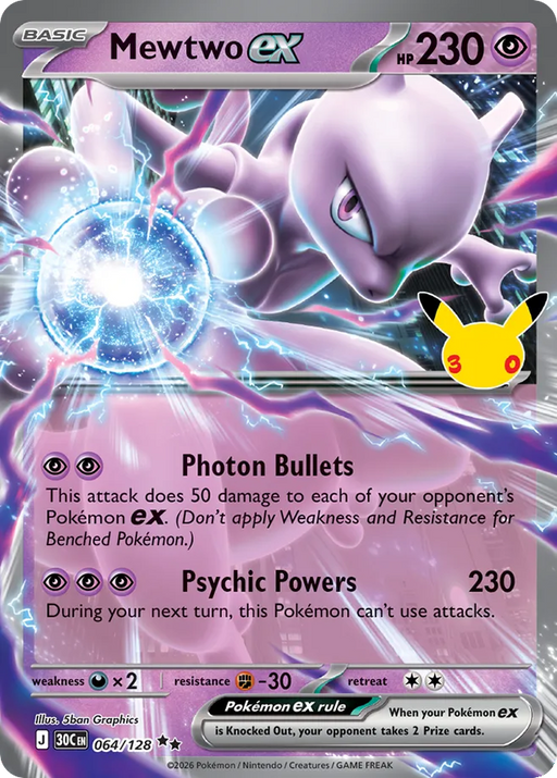 Pokemon Mewtwo ex Holo 30th Celebration 30C 064/128 English Single Card