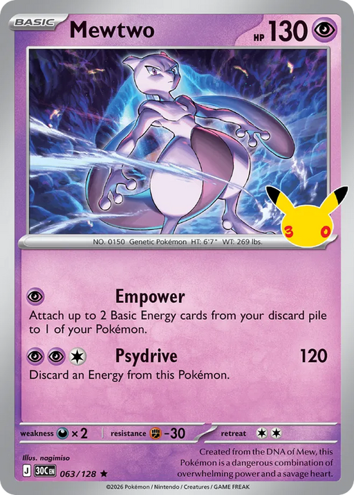 Pokemon Mewtwo Holo 30th Celebration 30C 063/128 English Single Card
