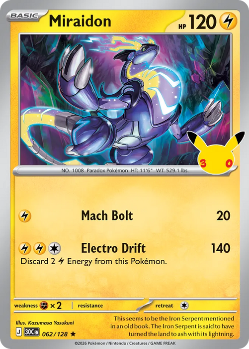Pokemon Miraidon Holo 30th Celebration 30C 062/128 English Single Card