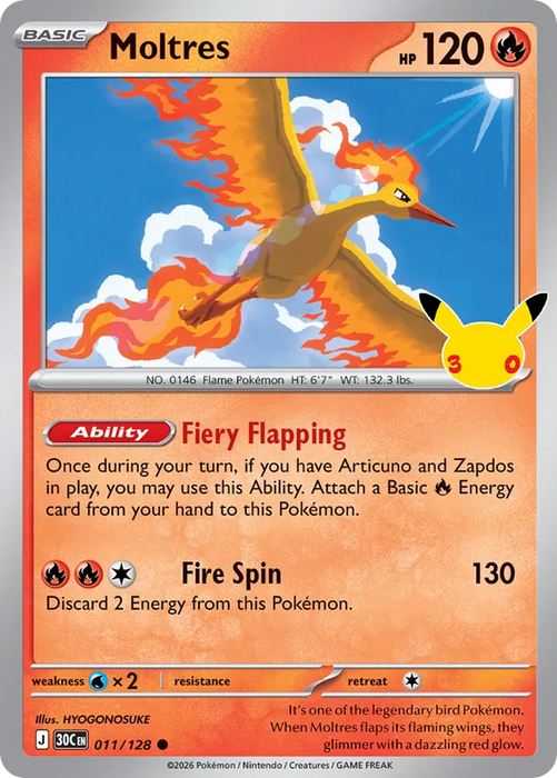 Pokemon Moltres Holo 30th Celebration 30C 011/128 English Single Card