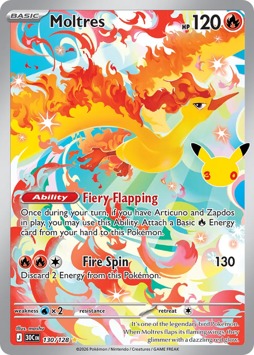 Pokemon Moltres IR 30th Celebration 30C 130/128 English Single Card