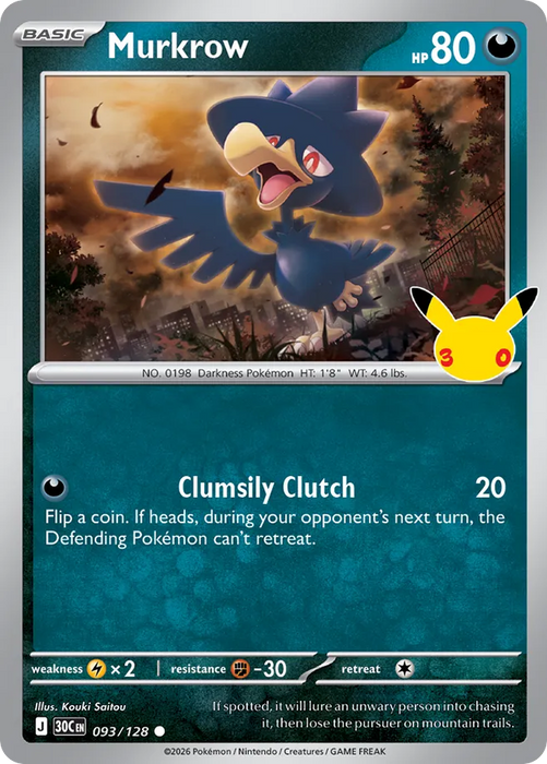 Pokemon Murkrow Holo 30th Celebration 30C 093/128 English Single Card