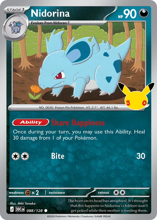 Pokemon Nidorina Holo 30th Celebration 30C 088/128 English Single Card