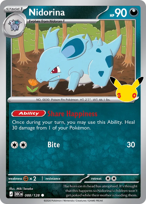 Pokemon Nidorina Holo 30th Celebration 30C 088/128 English Single Card