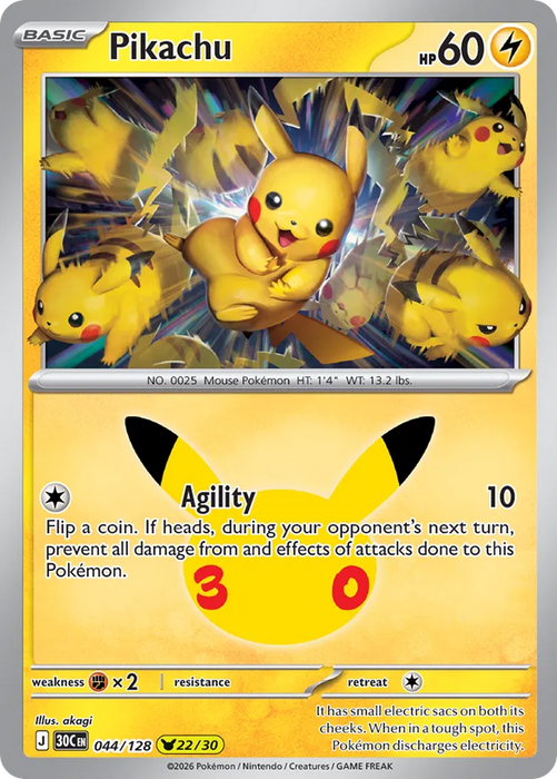Pokemon Pikachu akagi Pikachu Rare 30th Celebration 30C 044/128 English Single Card