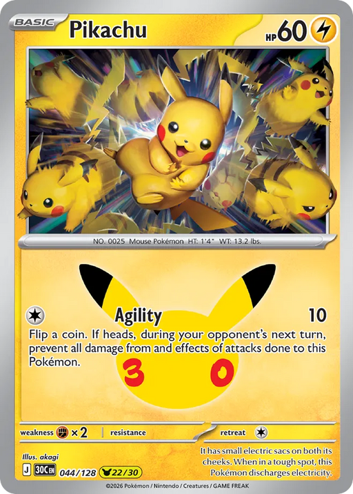 Pokemon Pikachu akagi Pikachu Rare 30th Celebration 30C 044/128 English Single Card