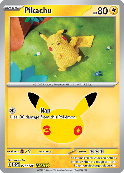 Pokemon Pikachu Asako Ito Pikachu Rare 30th Celebration 30C 027/128 English Single Card