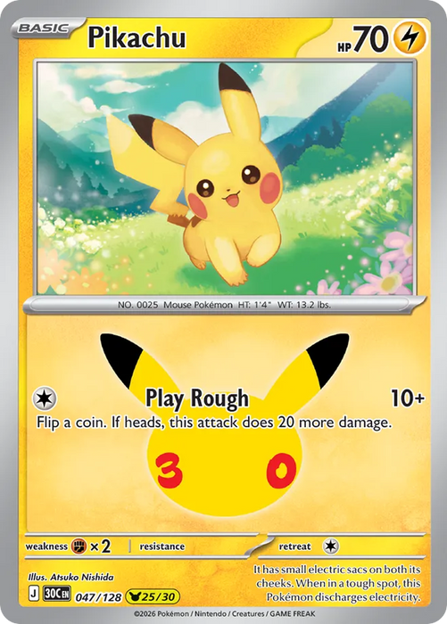 Pokemon Pikachu Atsuko Nishida Pikachu Rare 30th Celebration 30C 047/128 English Single Card