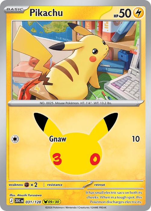 Pokemon Pikachu Atsushi Furusawa Pikachu Rare 30th Celebration 30C 031/128 English Single Card