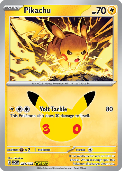 Pokemon Pikachu danciao Pikachu Rare 30th Celebration 30C 024/128 English Single Card