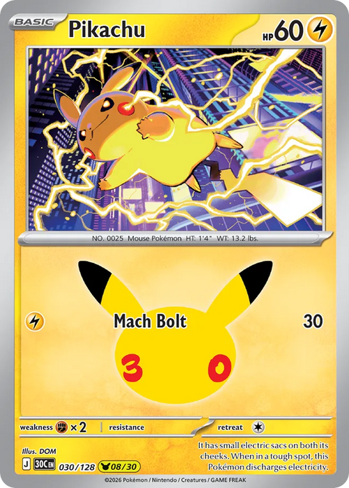 Pokemon Pikachu DOM Pikachu Rare 30th Celebration 30C 030/128 English Single Card