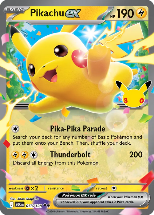 Pokemon Pikachu ex Holo 30th Celebration 30C 053/128 English Single Card