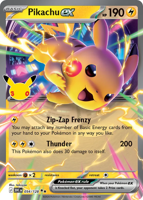 Pokemon Pikachu ex Holo 30th Celebration 30C 054/128 English Single Card