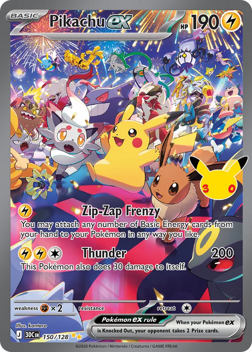 Pokemon Pikachu ex SIR 30th Celebration 30C 150/128 English Single Card