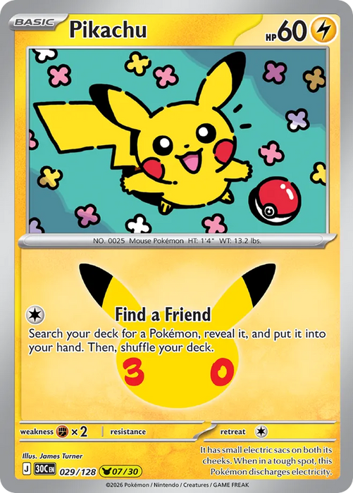 Pokemon Pikachu James Turner Pikachu Rare 30th Celebration 30C 029/128 English Single Card